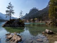 Zwei Tannen auf bewachsenem Felsklotz im See